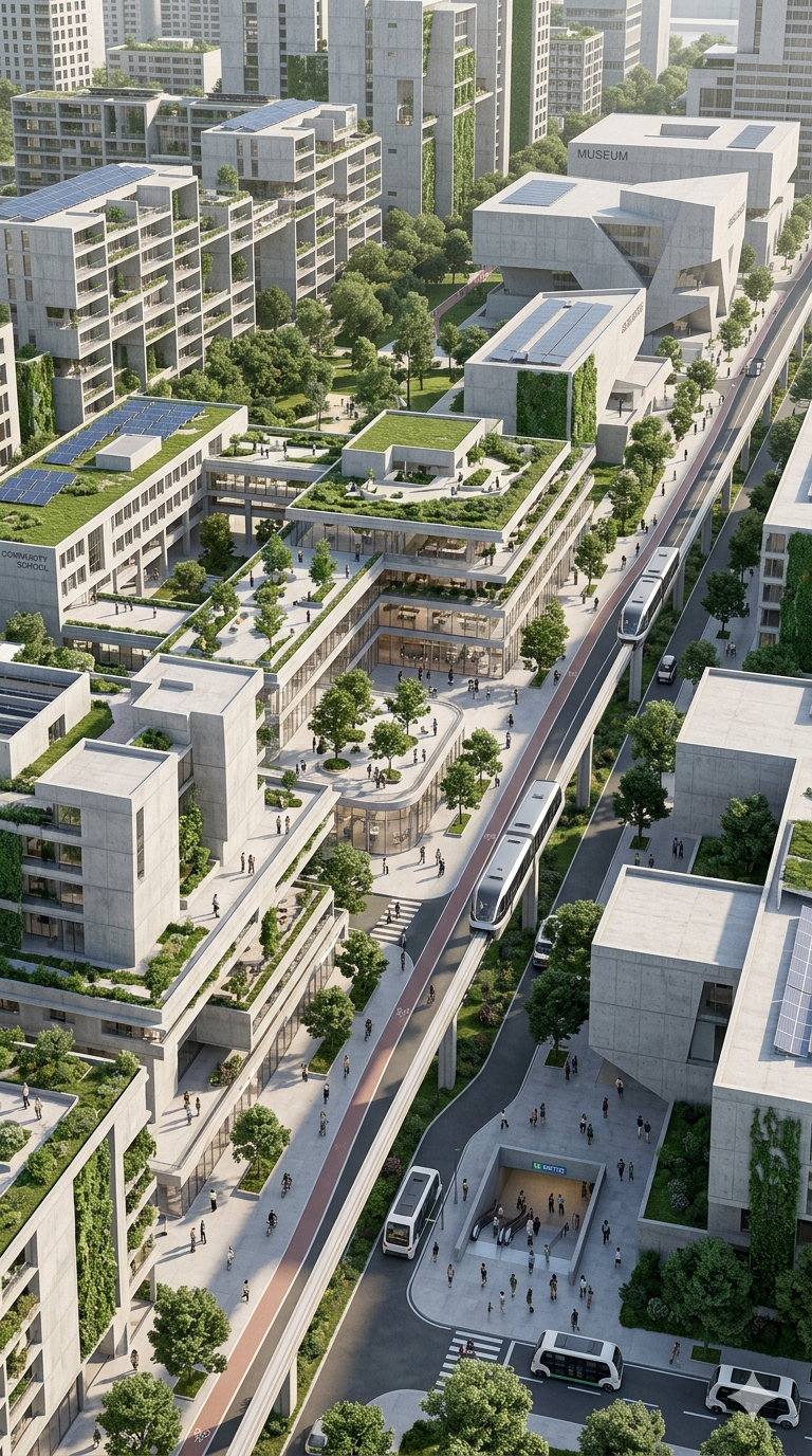 Distrito Verde biofílico con edificios escalonados, terrazas verdes, parques y tren ligero