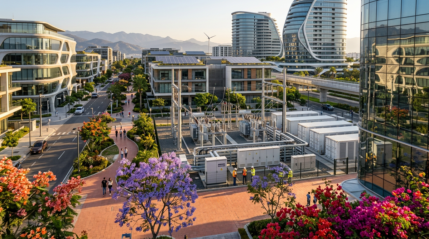 Múltiples vistas de la ciudad: plazas, puerto, tren bala, energía renovable y parques